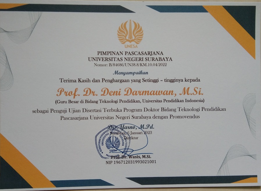Deni Darmawan menjadi Penguji External Promosi Doktor Prodi Teknologi Pendidikan Universitas Negeri Malang